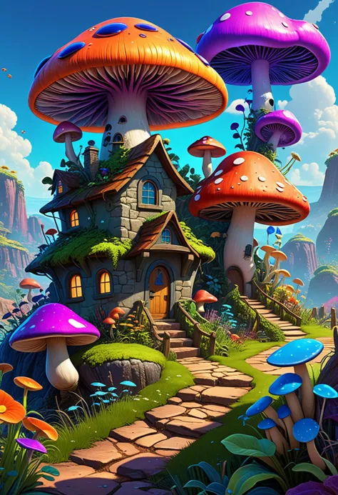 a fantasy village with mushrooms and other plants, pixar splash art, vivid psychedelic colors, disney concept art, extraterrestrial plants novel, pixar style, 8k, HDR, hyperrealistic, best quality, masterpiece, sharp focus, high texture resolution, soft lightning, whimsical