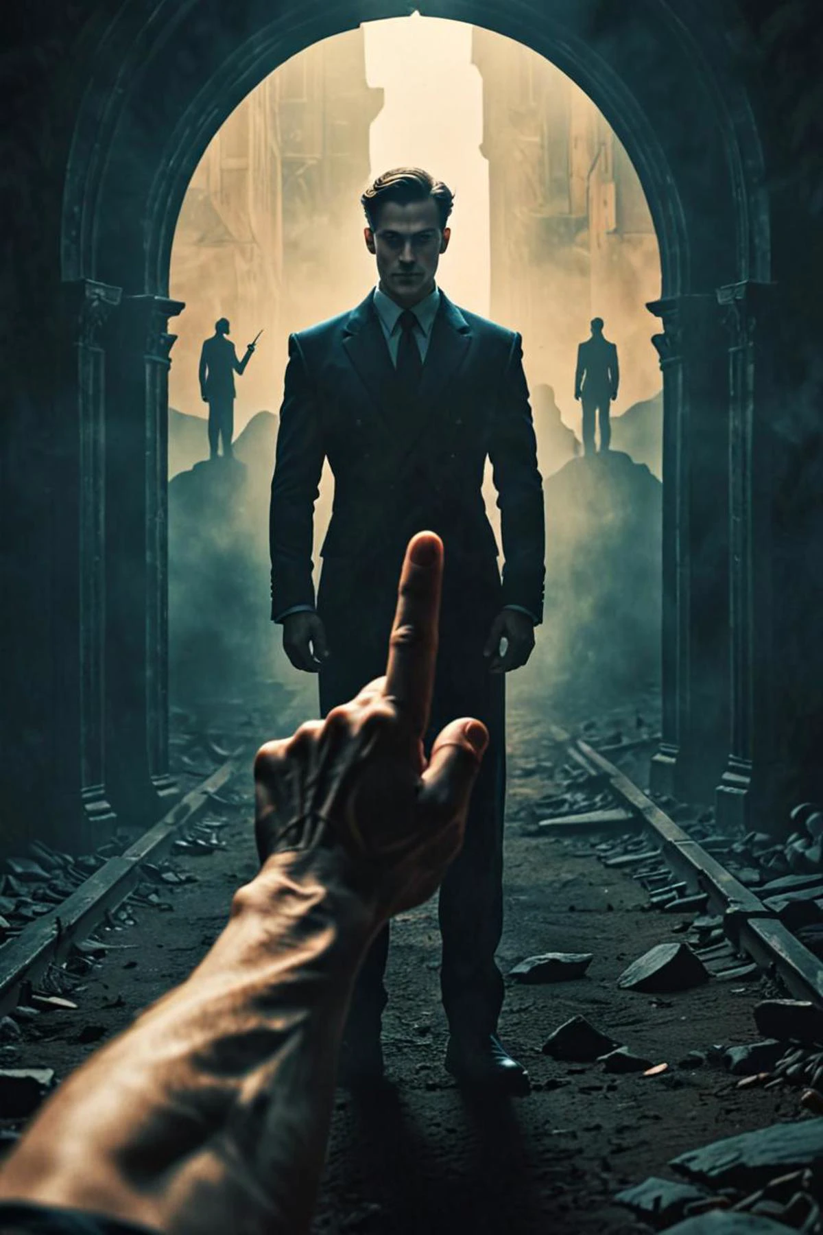 a with pointing finger and man standing in a background in a cinematic in the style of symmetrical!!!, dreamlike!, <lora:sdxl_lightning_8step_lora.safetensors:1.0>, <lora:add detail xl.safetensors:1.5>
