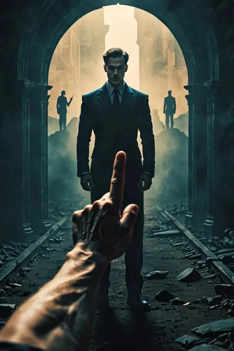 a with pointing finger and man standing in a background in a cinematic in the style of symmetrical!!!, dreamlike!, <lora:sdxl_lightning_8step_lora.safetensors:1.0>, <lora:add detail xl.safetensors:1.5>