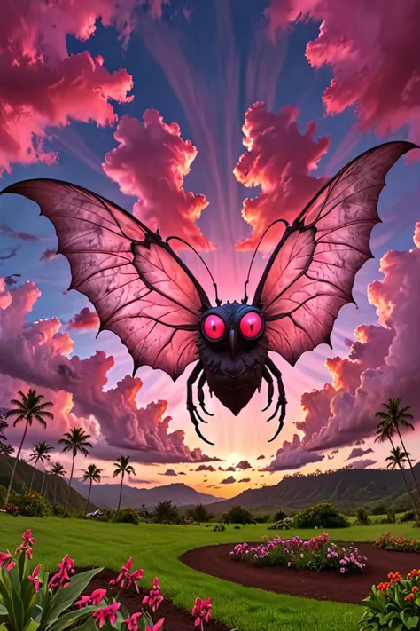 a mothman and huge delightful eyes in a kauai springtime in the style of equirectangular projection, pink tinged heavenly clouds, <lora:sdxl_lightning_8step_lora.safetensors:1.0>, <lora:add detail xl.safetensors:1.5>