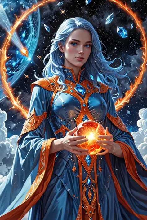 a flowing robe and paprika in a spaceships in the cloudy sky in the style of major arcana mason sparkles sky, crystal blue eyes, <lora:sdxl_lightning_8step_lora.safetensors:1.0>, <lora:add detail xl.safetensors:1.5>