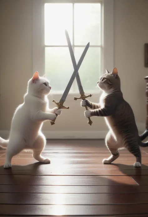 two cats sword duel over a tuna can <lora:XL_Sword_Duel_-_By_HailoKnight:1>