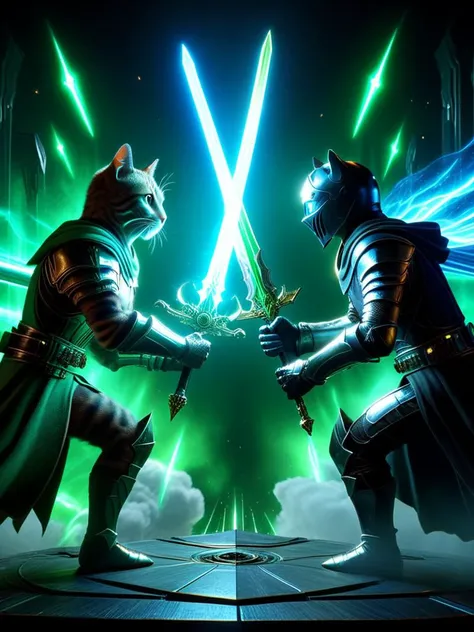 duel of the fates in a full body ilustration of two cats sword duel <lora:XL_Sword_Duel_-_By_HailoKnight:1> (green glowing sword:1.6) (blue glowing sword:1.2), realistic cat face, realistic spaceship, 8k, masterpiece, ultimate quality, sci special effects, amazing composition, stunning spaceship details,