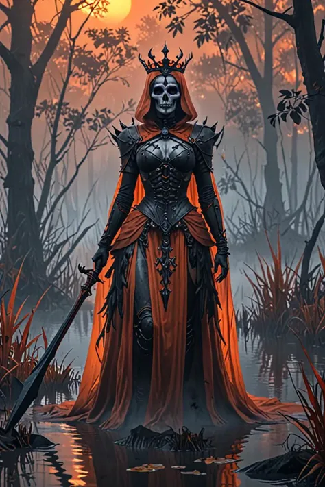 a 4 k detailed and queen of death in a misty swamp in the style of ultra photo realistic, light red and orange mood, <lora:sdxl_lightning_8step_lora.safetensors:1.0>, <lora:add detail xl.safetensors:1.5>