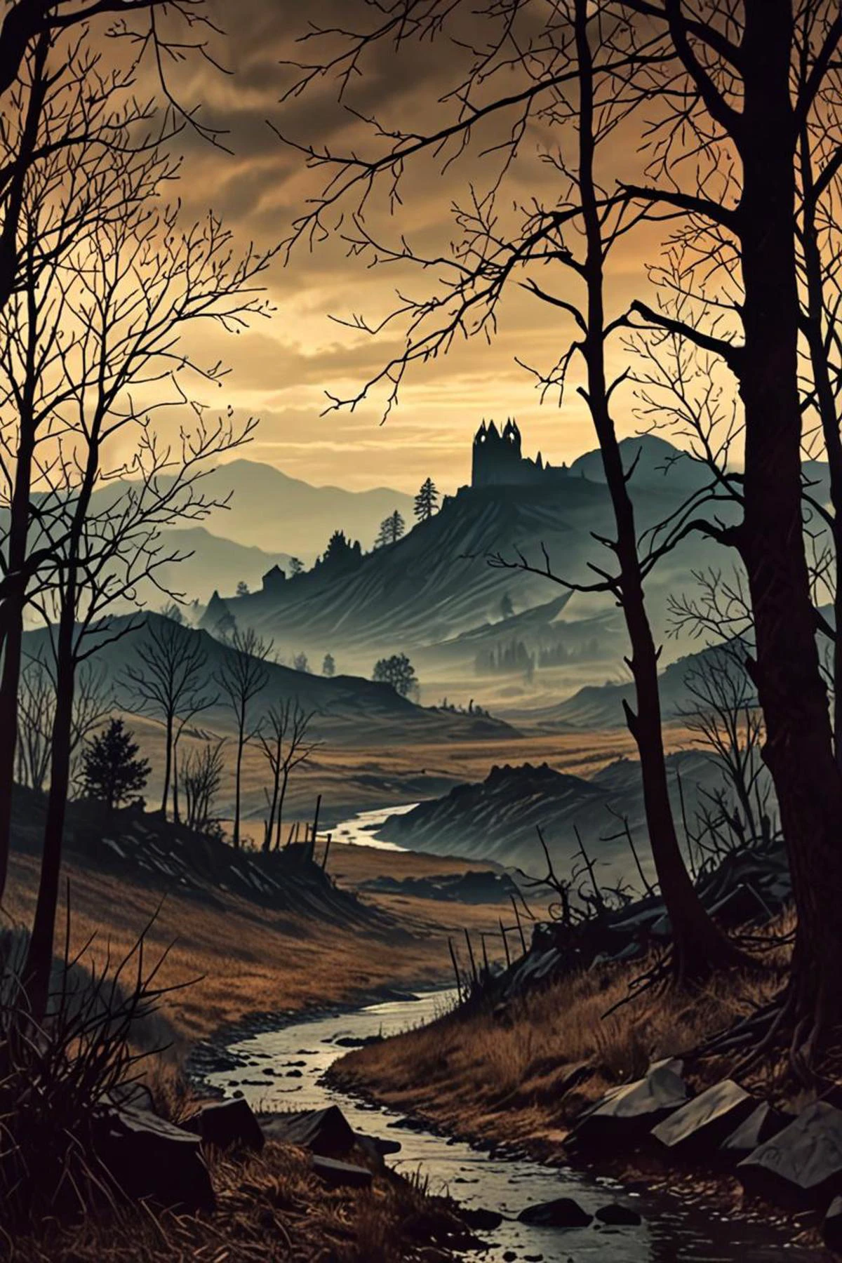 a cropped wide sleeve and pages in a old photo of a creepy landscape in the style of shaded face, feeling of grimdark, <lora:sdxl_lightning_8step_lora.safetensors:1.0>, <lora:add detail xl.safetensors:1.5>