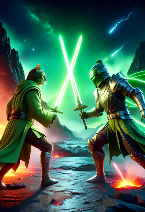 duel of the fates in a full body ilustration of two cats wearing sci-fi old robes sword duel over a fish on the ground  <lora:XL_Sword_Duel_-_By_HailoKnight:1> (green color glowing sword:1.6), in a very realistic volcano city with realistic (river of lava:1.8) in the background, stunning composition, epic battle, sci-fi special effects, 32k, HDR, very dramatic, amazing cinematic lightning, hyperrealistic, masterpiece, high texture resolution, vibrant colors, beautiful sci-fi scenery, sharp focus, milky way in the sky, (moonlit:1.6), green lightsabers, ultimate details, ((perfect quality)), photo realistic, cat face  (gleave particles:1.2)