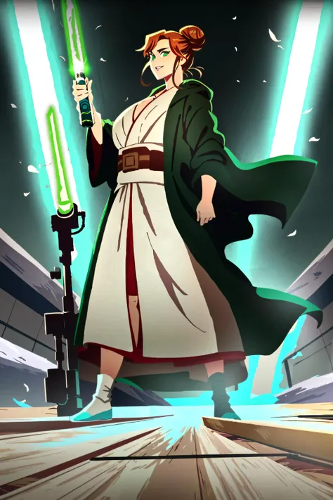 ((best quality)), ((masterpiece)),starwarsadv, 1girl, looking at viewer, smile, brown hair, green eyes, parted lips, ((hair bun)), breast, robe, green lightsaber, green lighting, green glow, green theme, <lora:starwarsadv-000005:1>