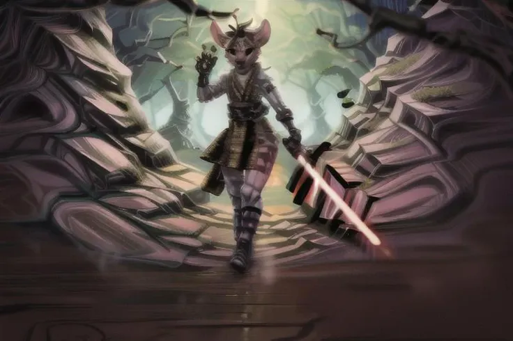 starwarsadv,
shenzi, furry female anthro, hyena girl, sash, solo, (body fur:1.2), (best quality), (detailed nature background:1.2), (detailed fluffy fur:1.1), looking at viewer, grin, tail, yellow eyes, gold piercings, dressed in sthoutfit ,holding lightsaber, face tentacles, black hair, 8k, uhd, best quality, trending on arstation, full body, masterpiece, raw image, pores, detailed skin, 5 fingers, star wars, cool armor, forest
<lora:shenzi-v1:1> <lora:starwarsadv-000005:0.6>
<lora:sthoutfitV2:0.7> <lora:more_details:1>