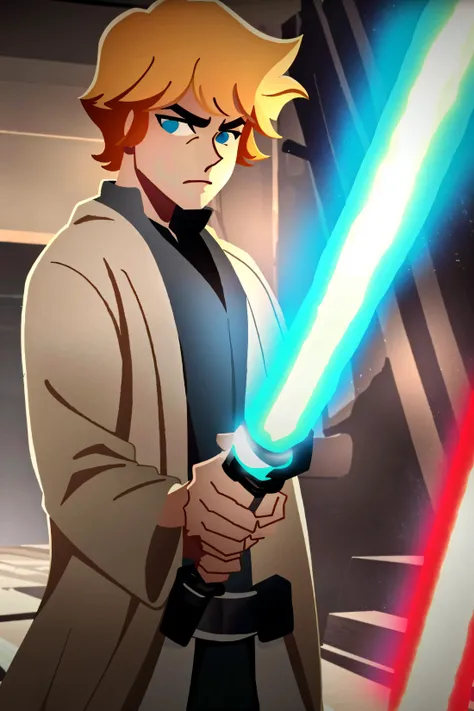 ((best quality)), ((masterpiece)), (detailed),starwarsadv, solo, blue eyes, blonde hair, 1boy, holding, weapon, male focus, sword, holding weapon, glowing, holding sword, lightsaber, <lora:starwarsadv-000005:1>