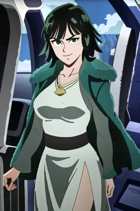 ((best quality)), ((masterpiece)),starwarsadv, fubuki, 1girl, solo, breasts, bangs, dress, green eyes, looking at viewer, large breasts, green dress, jewelry, necklace, fur coat, smile <lora:fubuki:0.7> <lora:starwarsadv-000005:1>