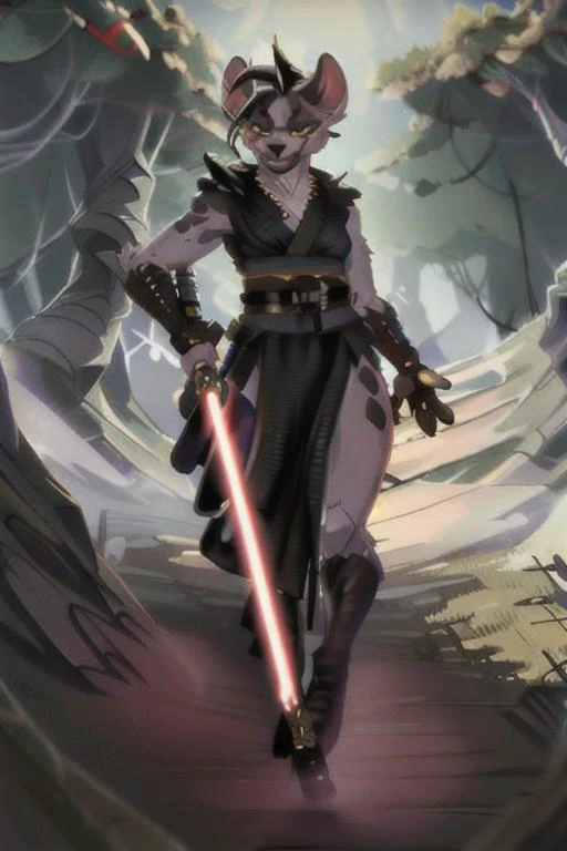starwarsadv,
shenzi, furry female anthro, hyena girl, sash, solo, (body fur:1.2), (best quality), (detailed nature background:1.2), (detailed fluffy fur:1.1), looking at viewer, grin, tail, yellow eyes, gold piercings, dressed in sthoutfit ,holding lightsaber, face tentacles, black hair, 8k, uhd, best quality, trending on arstation, full body, masterpiece, raw image, pores, detailed skin, 5 fingers, star wars, cool armor, forest
<lora:shenzi-v1:1> <lora:starwarsadv-000005:0.6>
<lora:sthoutfitV2:0.7>