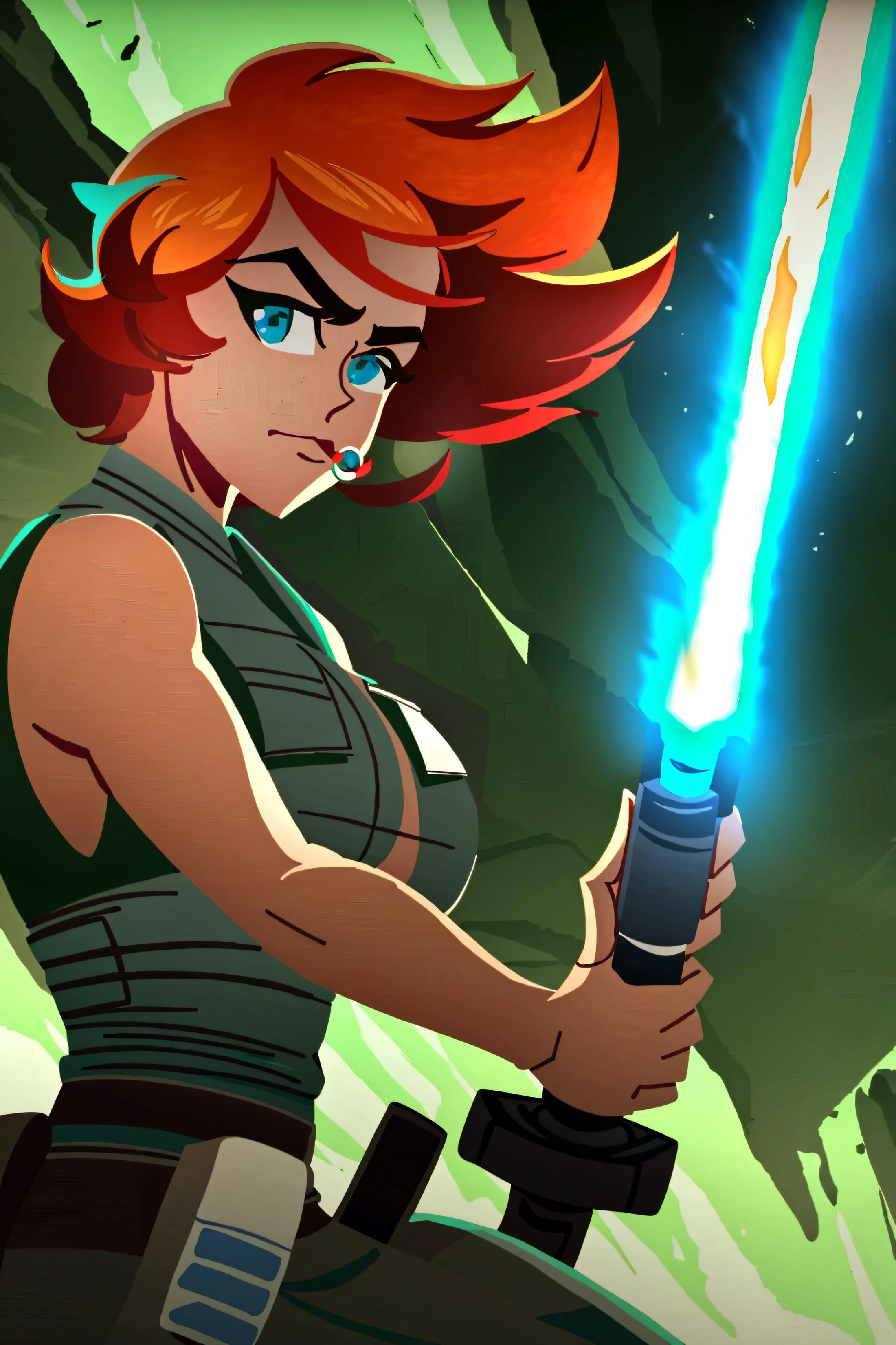 ((best quality)), ((masterpiece)), (detailed),starwarsadv, big breast, solo, blue eyes, red hair, 1girl, holding, weapon, female focus, sword, holding weapon, green glowing, holding sword, green lightsaber, ((green theme)), <lora:starwarsadv-000005:1>