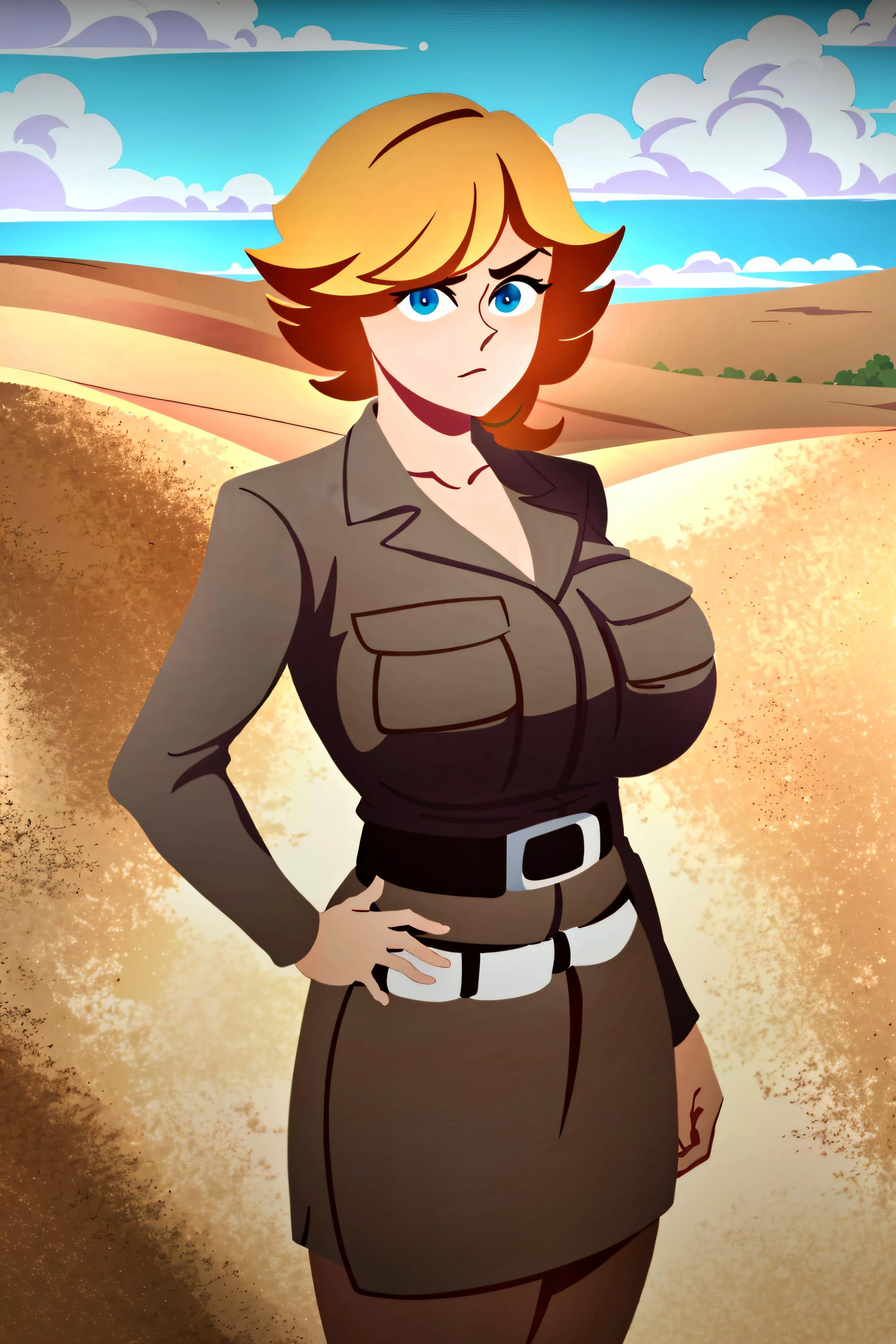 ((best quality)), ((masterpiece)), starwarsadv, huge breast, 1girl, solo, short hair,long hair, blue eyes, blonde hair, standing, outdoors, sky, day, belt, cloud, desert, facing viewer, <lora:starwarsadv-000005:1>