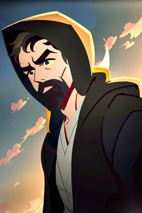 ((best quality)), ((masterpiece)), (detailed),starwarsadv, solo, black hair, 1boy, closed mouth, male focus, sky, hood, black eyes, night, facial hair, frown, hood up, gray hair, <lora:starwarsadv-000005:1>