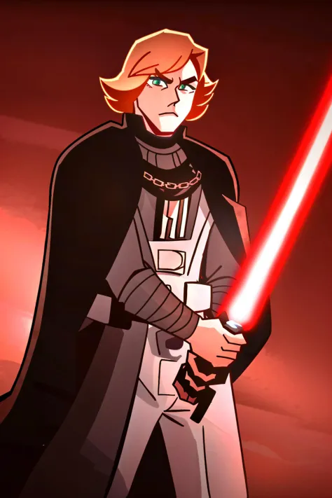 ((best quality)), ((masterpiece)),starwarsadv,  arm, cape, chain_necklace, darth, holding, lightsaber, mouth, red_background, shown, solo, star <lora:Darth_Vader-KK77-V1:0.6> <lora:starwarsadv:1>