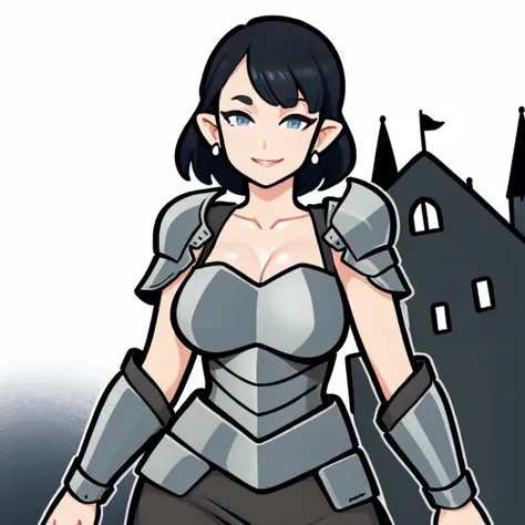 pointy_ears, mature curvy 1girl, <lora:Jopuari:0.6> armor, armored_dress, shoulder_armor, in front of castle, <lyco:[LoHa] Hanaya è±å±  ã¯ãªã Concept:0.6>,  flatflower, smile, holding sword, sparkling_eyes, neon_trim, bob_cut <lora:cutememe02:0.8>