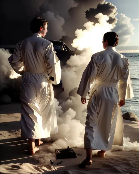 a group of people in white robes standing around a fire , american realism , unreal 5, a raytraced image