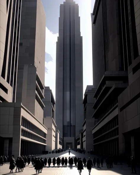 a group of people walking down a street next to a tall building , cinematic, 8k