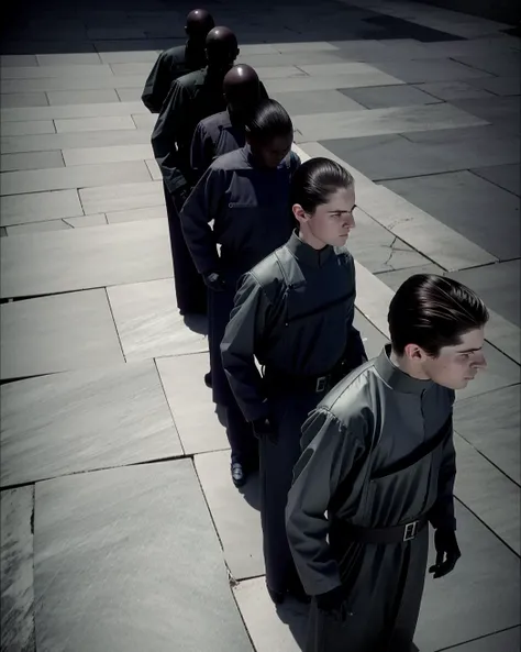 a group of men in blue shirts posing for a picture , american realism , unreal 5, a raytraced image