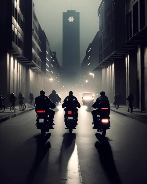 a group of bikers riding down a street at night , cinematic, 8k
