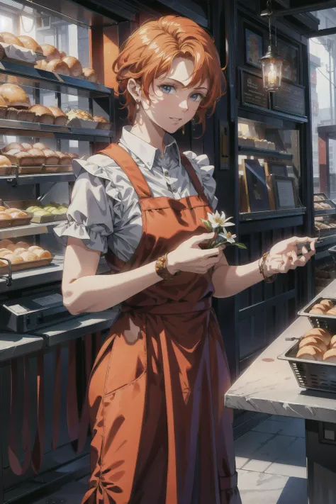 absurdres, (best quality), (masterpiece),(ultra-detailed:1.2),(photorealistic:1.4),(highres),reflection,a beautiful detailed girl,cowboy shot,
1girl,mature female,30 years old,standing,(holding a flower:1.2),white lily,
orange_hair,short_hair,(half-closed_eyes:0.8),earrings, jewelry,
red apron,short_sleeves,white_shirt,pants,
(bakery:1.3),bread,indoor,
<lora:Berah_Ronah_Crossbone-KK77-V1:0.7> ,
<lora:flat2:-0.6>
<lora:anime_minimalist_v1-000020:-0.2>
<lora:LowRa:0.2>