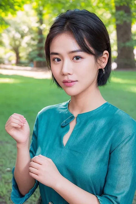 masichun,solo, outdoors,(photorealistic:1.4), (detailed eyes:1.3),loot at viewer,  (realistic, photo-realistic:1.37),(Medium view:1.5),(Half body),1girl, best quality, ultra-high res, Fancy dress, short hair,