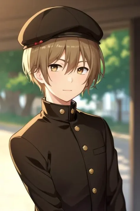 masterpiece, best quality, , 1boy, solo, male focus, looking at viewer, upper body, depth of field, <lora:ryou_yoake:0.70>, ryou_yoake, brown hair, brown eyes, gakuran, hat