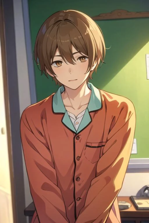 masterpiece, best quality, , 1boy, solo, male focus, looking at viewer, , depth of field, <lora:ryou_yoake:0.70>, ryou_yoake, brown hair, brown eyes, pajamas,