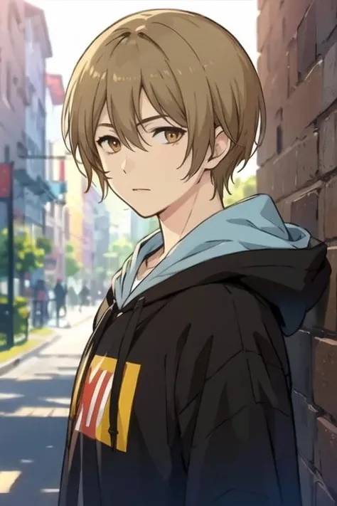masterpiece, best quality, illustration, 1boy, solo, male focus, looking at viewer, upper body, depth of field, <lora:ryou_yoake:0.72>, ryou_yoake, brown hair, brown eyes, hoodie,