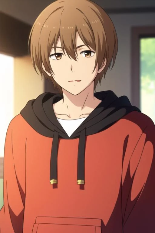 masterpiece, best quality, , 1boy, solo, male focus, looking at viewer, upper body, depth of field, <lora:ryou_yoake:0.68>, ryou_yoake, brown hair, brown eyes, hoodie,