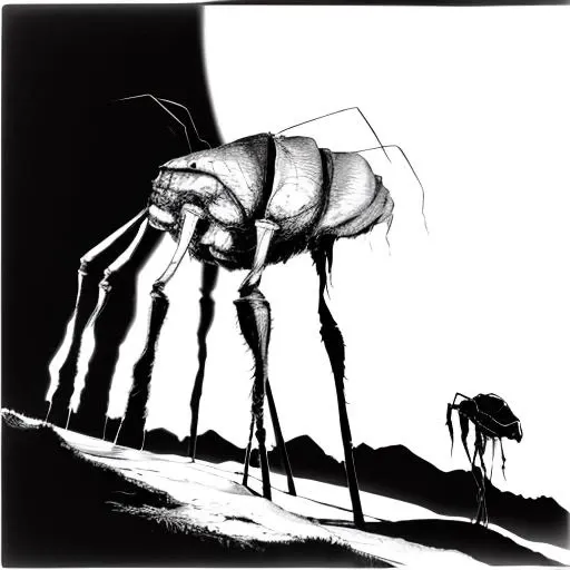 michael_kirkbride, <lora:michael_kirkbride-000029:1>, silt strider, morrowind, night sky, long legs, insect, bug