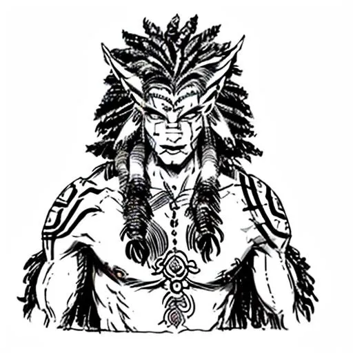 michael_kirkbride, <lora:michael_kirkbride-000029:1>, ((young)), monochrome, ink \(medium\), sketch, ((1boy)), black hair, gradient hair, horns,ring earrings, shirtless, traditional clothing, solo, battle axe, ((tattoos)), (exotic black fluffy hair:1.2), muscles, dunmer, pointy ears