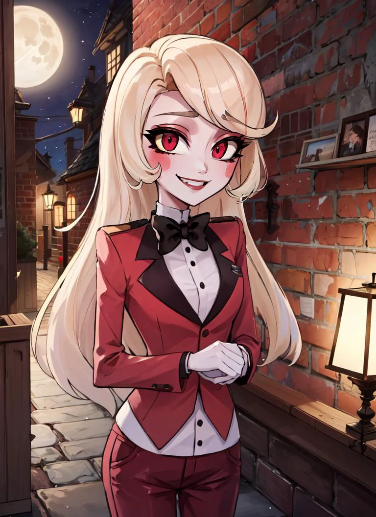 ((best quality)), ((highly detailed)), masterpiece, absurdres, (detailed eyes, deep eyes), (1girl), upper body, <lora:Charliemodelnew:.8>, charlie morningstar, blonde hair, very long hair, red eyes, (colored sclera), medium breasts, smiling, red jacket, black bowtie, red pants, high heels, white footwear, (outside, <lora:alley-wasabi:1>, alley, brick wall, lamp, midnight, night sky, stars, broken moon)