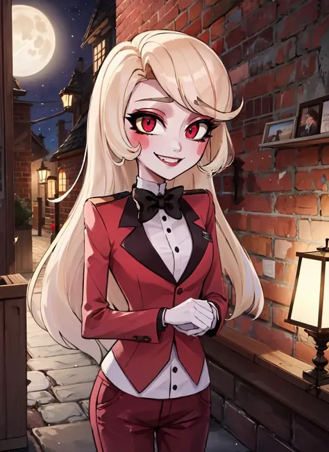 ((best quality)), ((highly detailed)), masterpiece, absurdres, (detailed eyes, deep eyes), (1girl), upper body, <lora:Charliemodelnew:.8>, charlie morningstar, blonde hair, very long hair, red eyes, (colored sclera), medium breasts, smiling, red jacket, black bowtie, red pants, high heels, white footwear, (outside, <lora:alley-wasabi:1>, alley, brick wall, lamp, midnight, night sky, stars, broken moon)