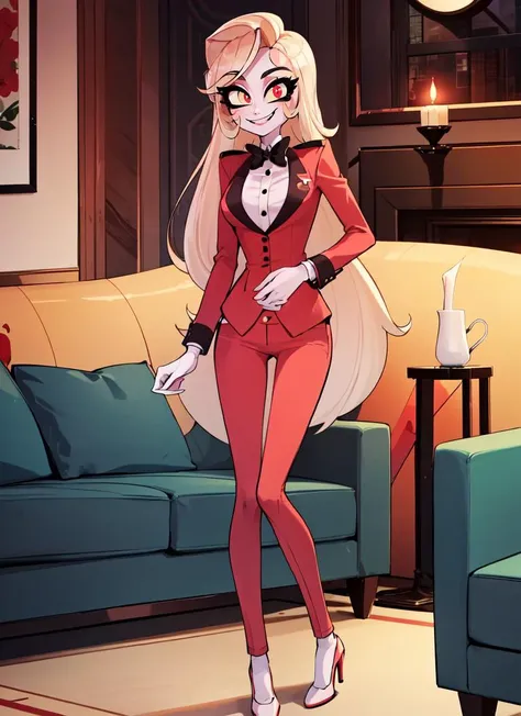 ((best quality)), ((highly detailed)), absurdres, (detailed eyes, deep eyes), (1girl), full body, <lora:Charliemodelnew:.8>, charlie morningstar, blonde hair, very long hair, red eyes, (colored sclera), medium breasts, smiling, red jacket, black bowtie, red pants, high heels, white footwear, (inside, in a living room)