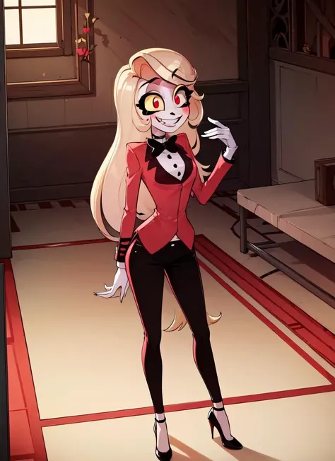 ((best quality)), ((highly detailed)), masterpiece, absurdres, (detailed eyes, deep eyes), (1girl), full body, very wide shot, <lora:Charliemodelnew:.9>, charlie morningstar, blonde hair, very long hair, red eyes, (colored sclera), medium breasts, smiling, red jacket, black bowtie, black pants, high heels, white footwear, (indoors, in a gymnasium)