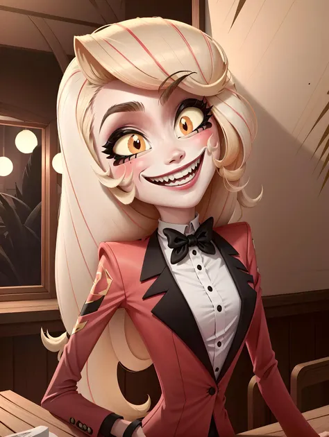 absurdres, 8k,( best quality, masterpiece:1.2), extremely detailed, highres, ultra-detailed,  <lora:Charliemodelnew:.9> charlie morningstar, red jacket, black bow, happy, smiling