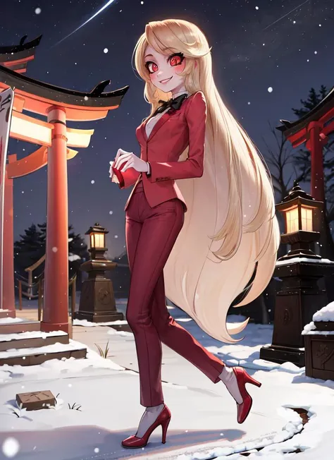((best quality)), ((highly detailed)), masterpiece, absurdres, detailed face, beautiful face, (detailed eyes, deep eyes), (1girl), from the side, full body, <lora:hairdetailer:.9>, <lora:Charliemodelnew:.8>, charlie morningstar, blonde hair, very long hair, red eyes, (colored sclera), medium breasts, smiling, red jacket, black bowtie, red pants, high heels, white footwear, (outside, at a shrine, torii, stone lanterns, evening, night sky, stars, moonbeam, snowing)