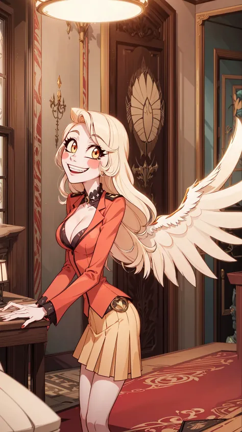 happy smile expression,
Fit girl,pleated skirt,standing,1girl,looking at viewer,bedroom,teasing,<lora:Charliemodel:1>,charlie morning star,cleavage cutout,(angel wings:1.2),demon horns,
hotel,hotel room,indoors,perfect lighting,