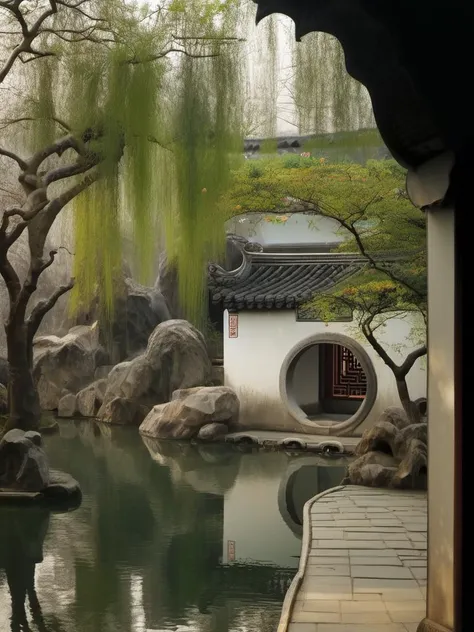 gugong chinese garden with water and round door, trees, yueliangmen, path of stone morning light, high quality <lora:yueliangmen:1>