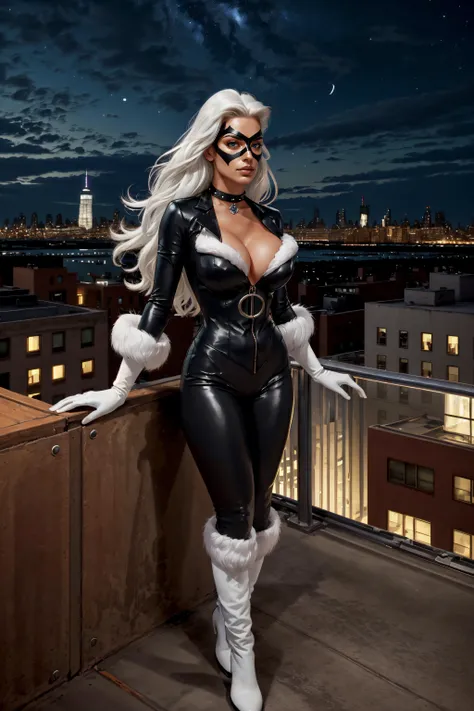 (masterpiece, best quality, ultra detailed, absurdres)1.5, 1girl, (sexy, beautiful woman, perfect face, perfect eyes, perfect female body, huge breasts)1.5, (felicia_blackcat_aiwaifu, black leotard, sleeveless leotard,, unzipped, fur trim, black choker, black domino mask, white gloves with fur trim, black stockings, white knee boots with fur trim, long hair, white hair, jewelry, cleavage, <lora:CARTOON_felicia_blackcat_aiwaifu:1>), (standing, inside a penthouse, New York city skyline in background, night sky), perfect lighting, smooth, hdr