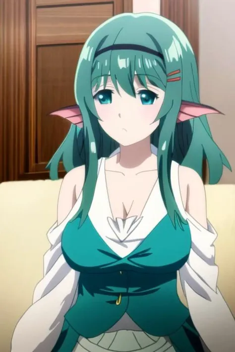 masterpiece, best quality, anime art style, remia, long green hair, blue eyes, ears are fan-like fins, huge breasts, white shirt, skirt, full body <lora:arifuretaFromCommonplaceTo_01:1>