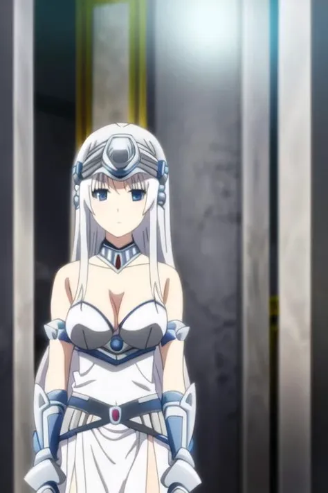 masterpiece, best quality, anime art style, noint, long silver hair, blue eyes, monotonic expression, medium breasts, white sleeveless dress, which has metal plates, covering both sides, of her waist as well as a winged helmet on her head, gauntlets on her arms and graves, over her legs full body <lora:arifuretaFromCommonplaceTo_01:1>