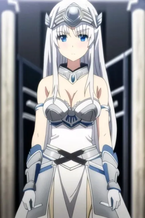 masterpiece, best quality, anime art style, noint, long silver hair, blue eyes, monotonic expression, medium breasts, white sleeveless dress, which has metal plates, covering both sides, of her waist as well as a winged helmet on her head, gauntlets on her arms and graves, over her legs full body <lora:arifuretaFromCommonplaceTo_01:1>
