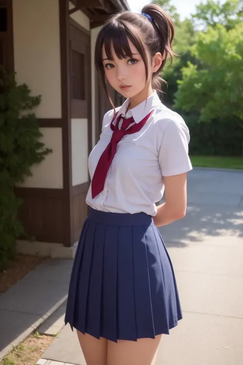 masterpiece, best quality, ultra high res, (photorealistic:1.8), unreal_engine, photograph, realistic_skin_texture, <lora:arifuretaFromCommonplaceTo_01:0.25>, 1girl, japonese face, cute, nana, anime art style, yo, light-brown hair, side ponytail, blue eyes, medium breasts, school uniform, full body BREAK (arms behind back)