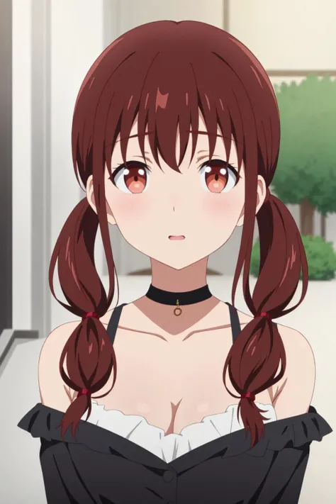 taeko, anime art style, 1girl, blush, open_mouth, bangs, blue_eyes, brown_hair, black_hair, bare_shoulders, twintails, brown_eyes, collarbone, choker, anime_coloring