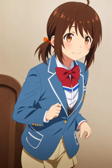 suzu, anime art style, 1girl, solo, looking_at_viewer, blush, smile, bangs, brown_hair, shirt, bow, twintails, brown_eyes, school_uniform, jacket, white_shirt, upper_body, ahoge, indoors, bowtie, red_bow, low_twintails, parody, blazer, blue_jacket, red_bowtie, meme
