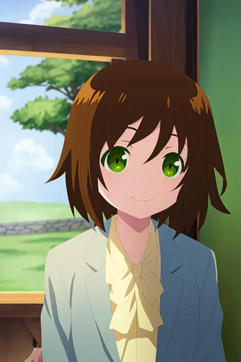 aiko, anime art style, 1girl, solo, looking_at_viewer, blush, smile, short_hair, brown_hair, green_eyes, jacket, upper_body, clenched_hands