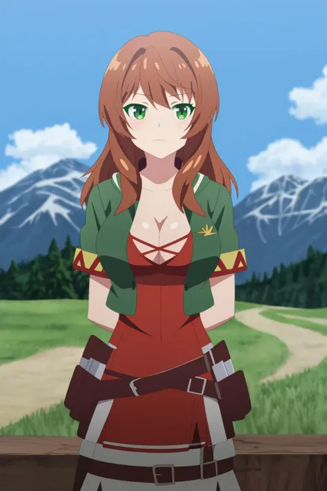 yuuka, anime art style, 1girl, solo, long_hair, breasts, looking_at_viewer, brown_hair, gloves, dress, cleavage, medium_breasts, closed_mouth, green_eyes, outdoors, sky, day, belt, blurry, blue_sky, arms_behind_back, mountain, barrel