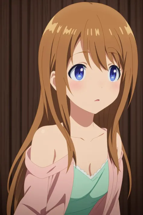 nana, anime art style, 1girl, solo, long_hair, blush, open_mouth, bangs, blue_eyes, brown_hair, collarbone, one_side_up, portrait, anime_coloring